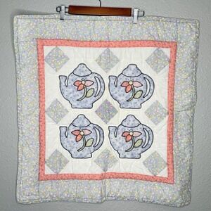 VTG Handmade Teapot Tea Time Quilt Wall Hanging 27x27‎ Cottage Kitchen Grandma